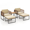 5-piece outdoor furniture set featuring acacia wood chairs with soft beige cushions and matching ottomans for backyard.
