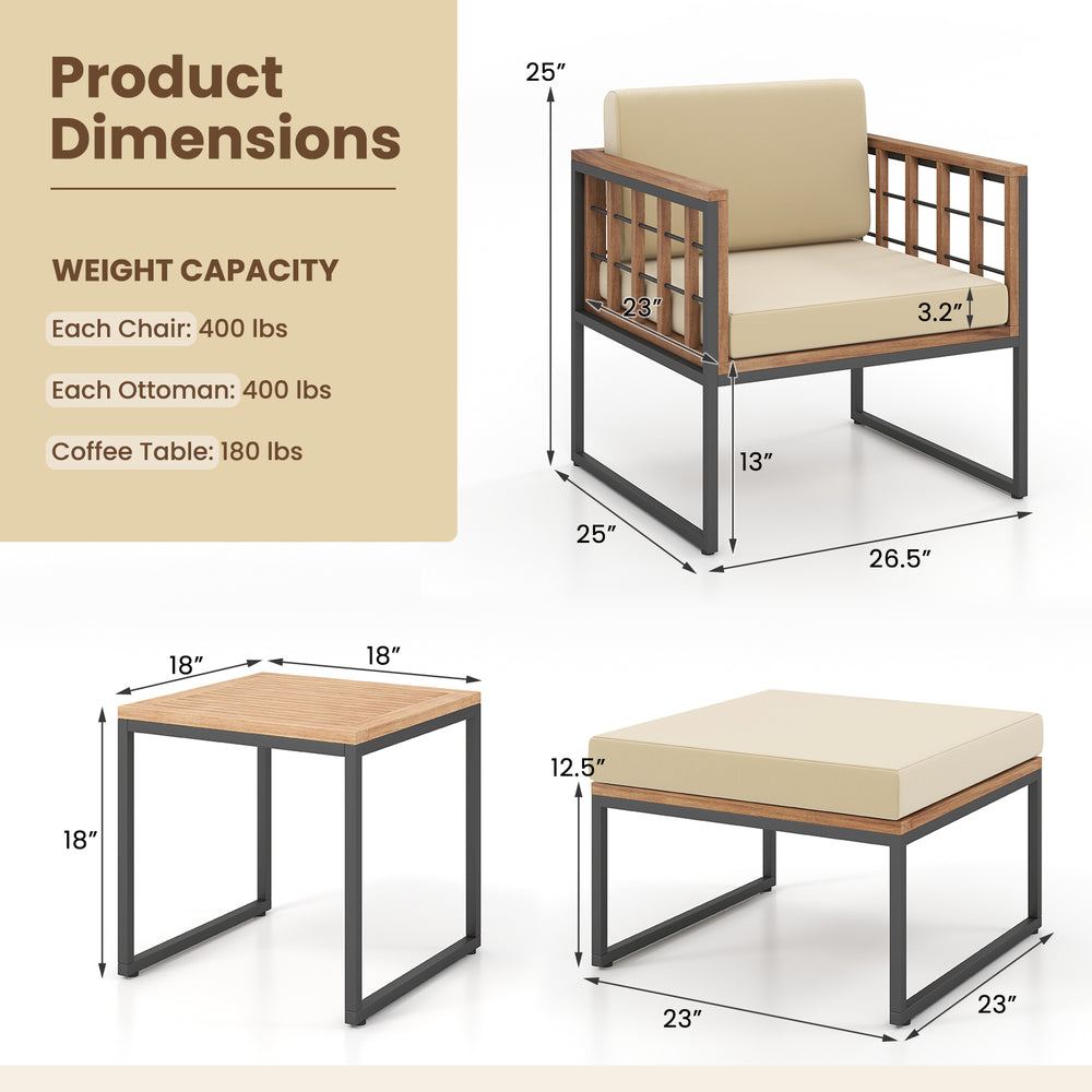 Acacia wood chair with soft cushions and metal frame, ideal for outdoor use in backyard or poolside settings.