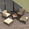 Top view of 5-piece outdoor furniture set with acacia wood and beige cushions, perfect for stylish balcony lounging.