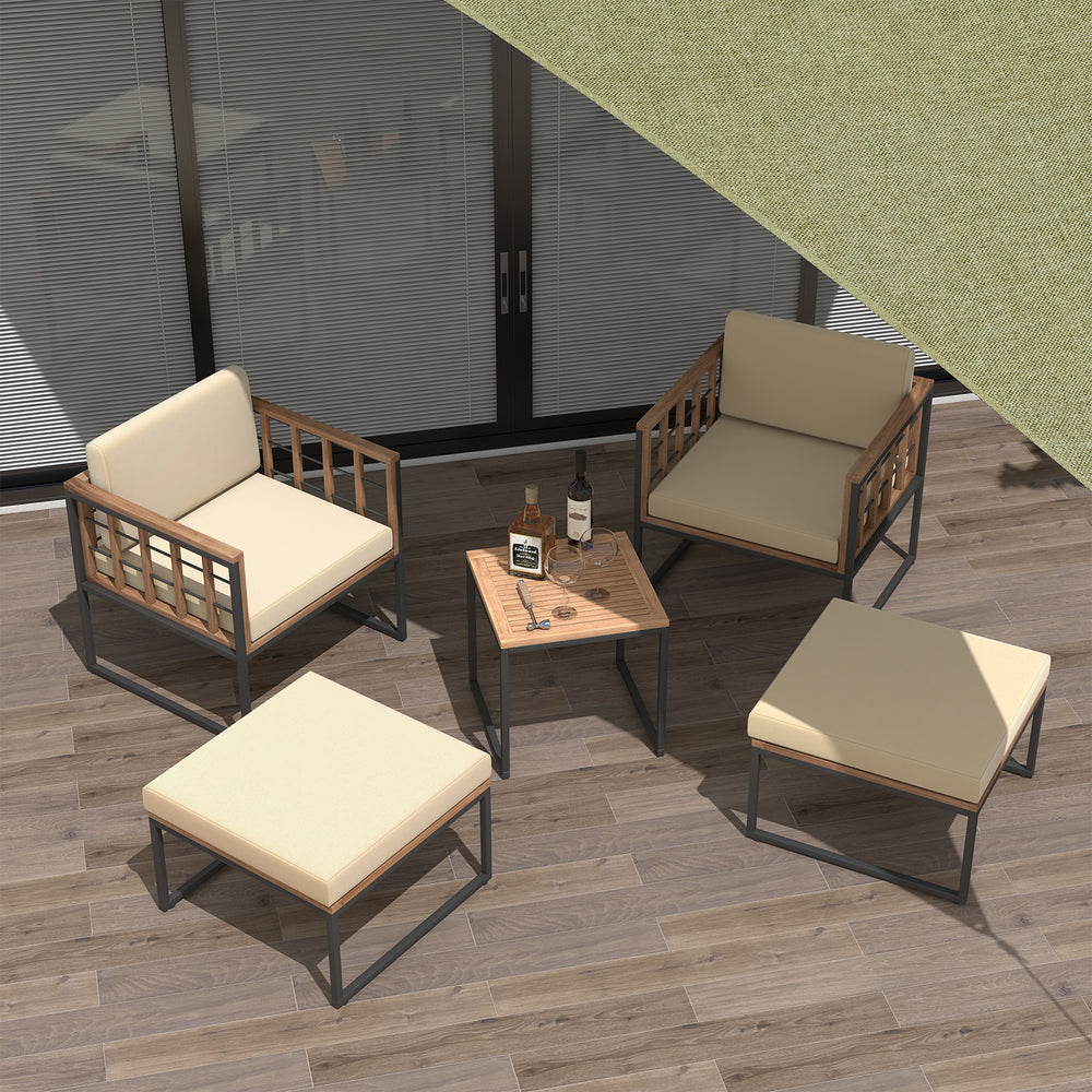 Top view of 5-piece outdoor furniture set with acacia wood and beige cushions, perfect for stylish balcony lounging.