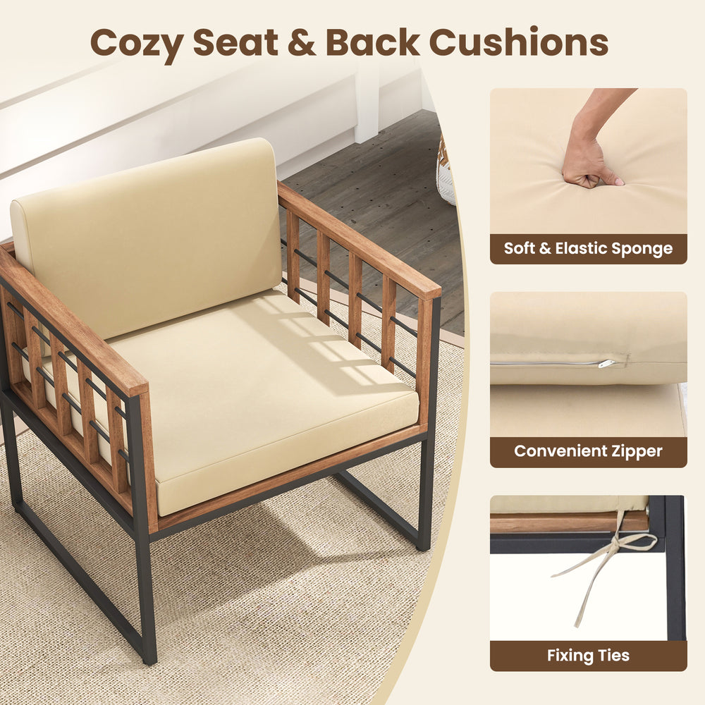 Cozy acacia wood chair with beige cushions, featuring a metal frame and zipper design for easy cleaning, ideal for.