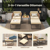 Versatile 3-in-1 ottoman in beige, made of acacia wood and metal, serving as footrest, side table, or additional seat.