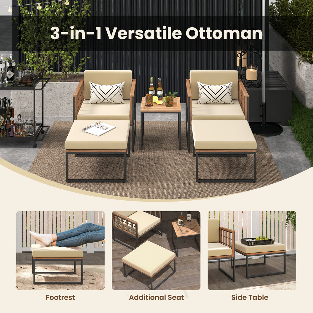 Versatile 3-in-1 ottoman in beige, made of acacia wood and metal, serving as footrest, side table, or additional seat.