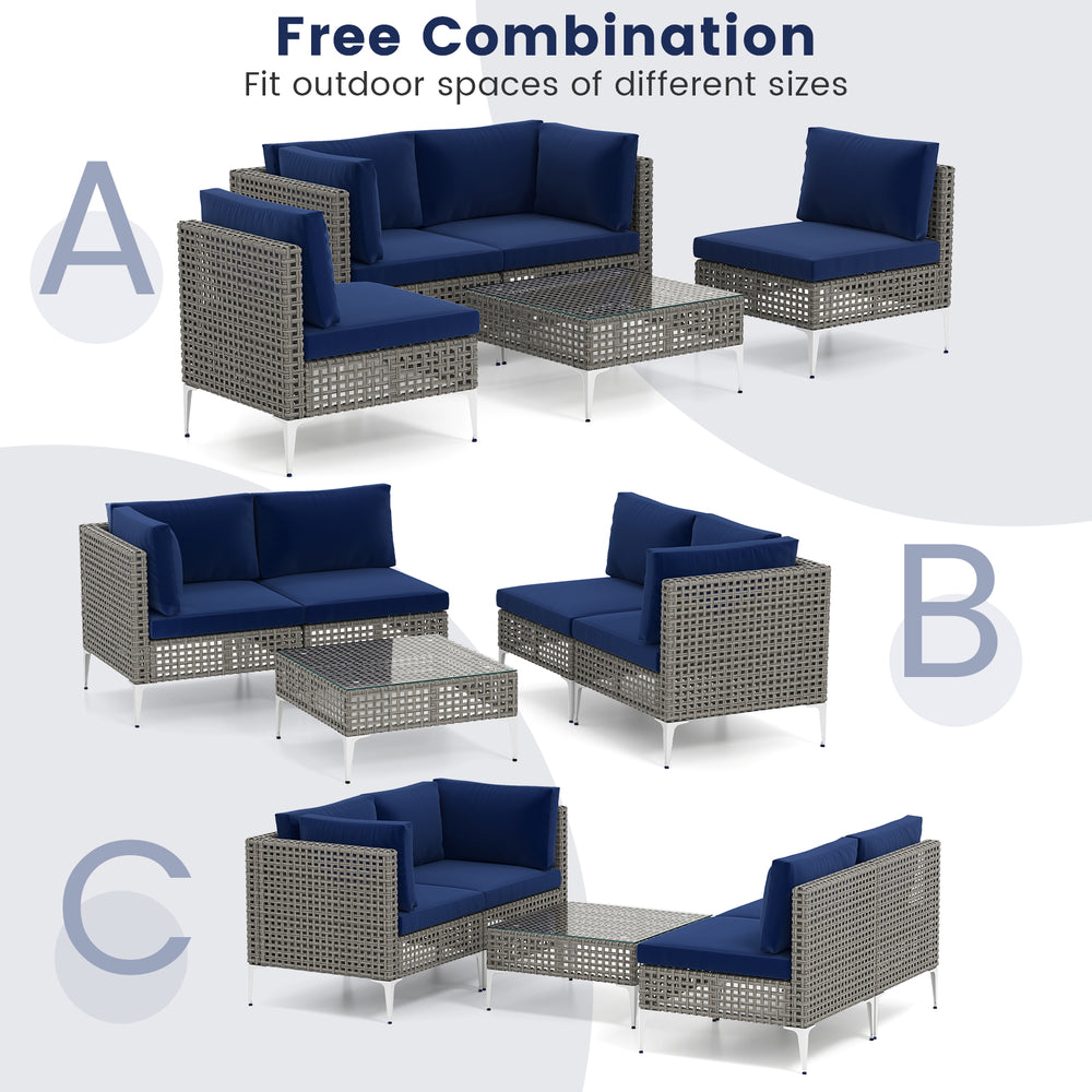 5-piece outdoor furniture set featuring navy cushions, elegant PE rattan, and a tempered glass coffee table for.