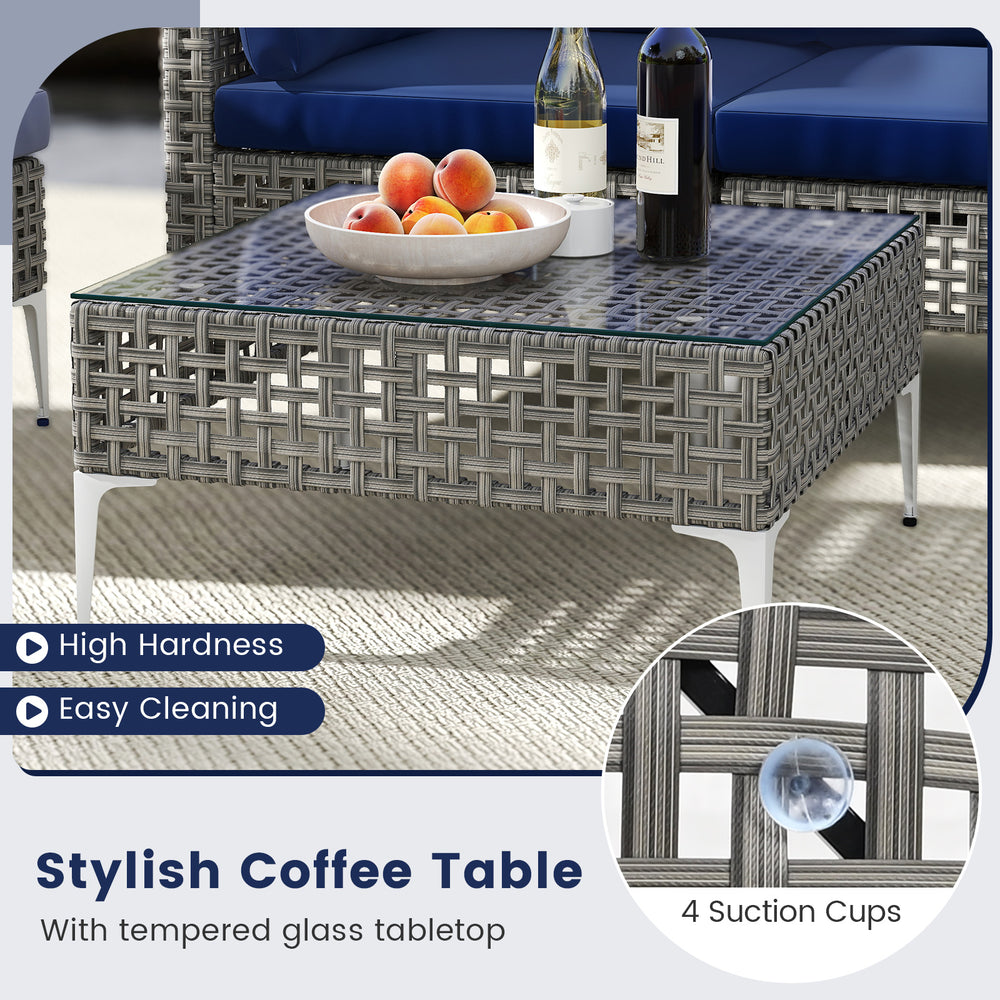 Stylish coffee table with tempered glass top and PE rattan weave, ideal for outdoor use in backyard or poolside.