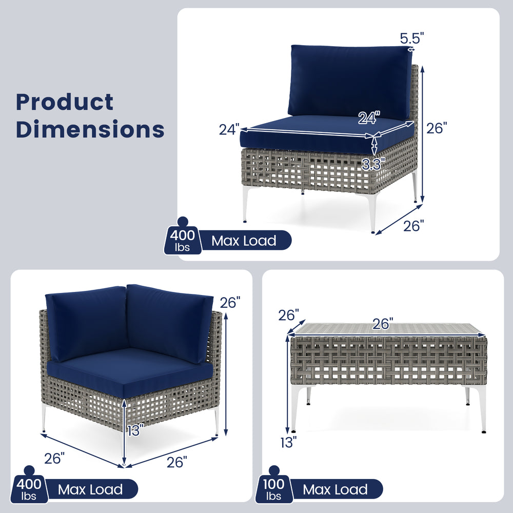 Dimensions of the 5-piece outdoor furniture set with navy cushions, featuring a PE rattan design and tempered glass.