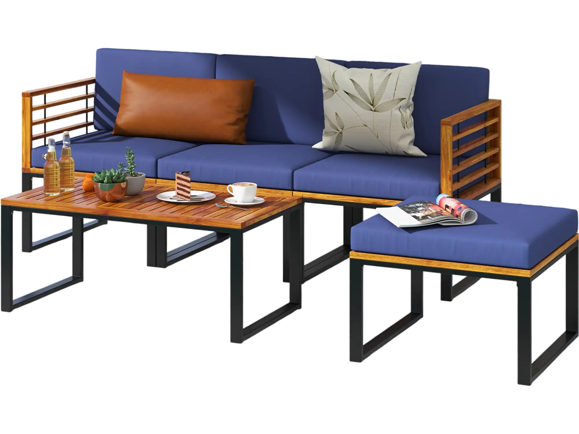 Costway 5-Piece Patio Acacia Wood Chair Set Ottoman Coffee Table Navy 93654728 New