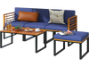 5-piece patio acacia wood chair set with navy cushions, featuring a coffee table and ottoman, ideal for poolside.