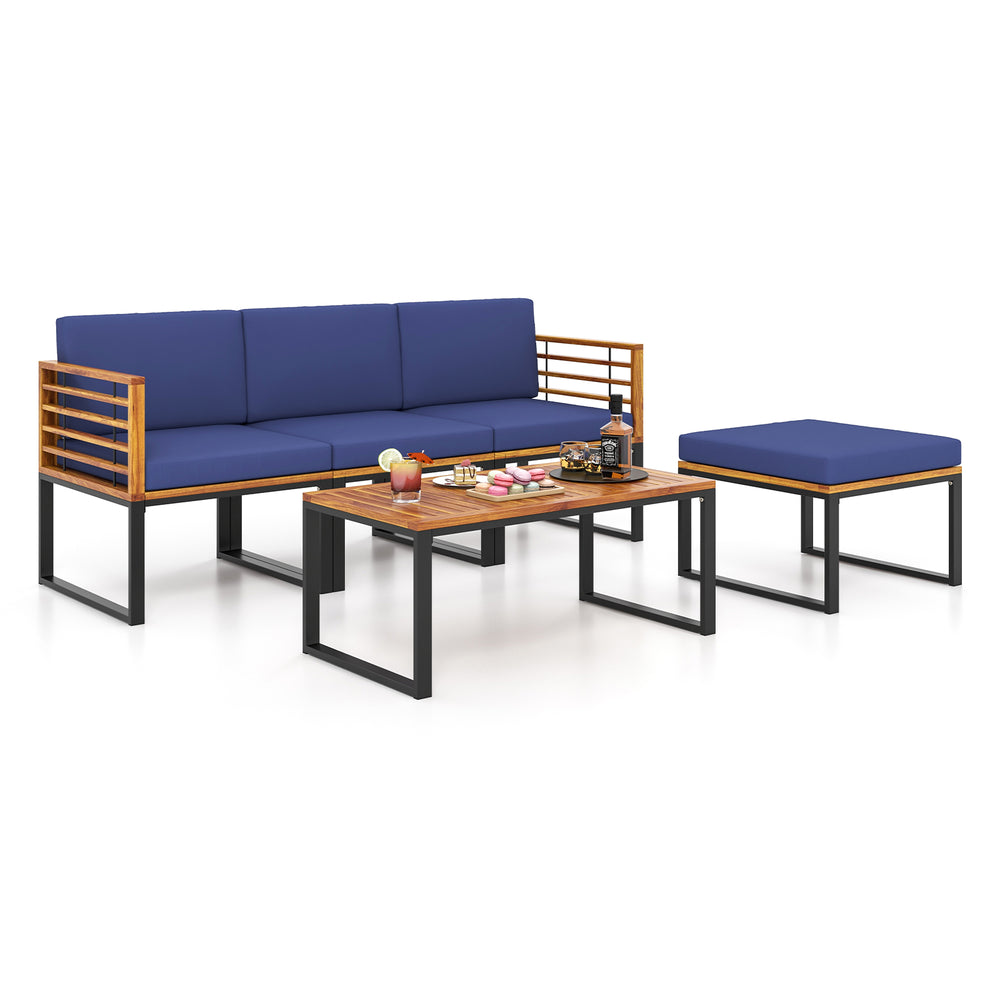 5-piece patio acacia wood chair set with navy cushions, including ottoman and coffee table, perfect for outdoor.