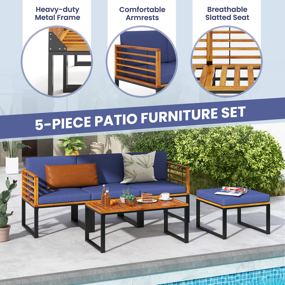 5-piece patio furniture set featuring navy cushions, acacia wood accents, and a heavy-duty metal frame for outdoor use.