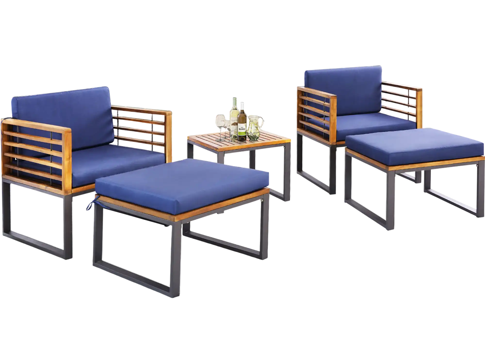 Costway 5-Piece Acacia Wood Patio Chair Set w/ Ottomans & Coffee Table Navy 96784315 New