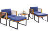 5-piece patio acacia wood chair set with navy cushions, including ottomans and coffee table, ideal for outdoor.