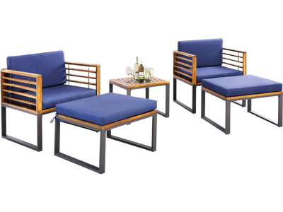 Costway 5-Piece Acacia Wood Patio Chair Set w/ Ottomans & Coffee Table Navy 96784315 New