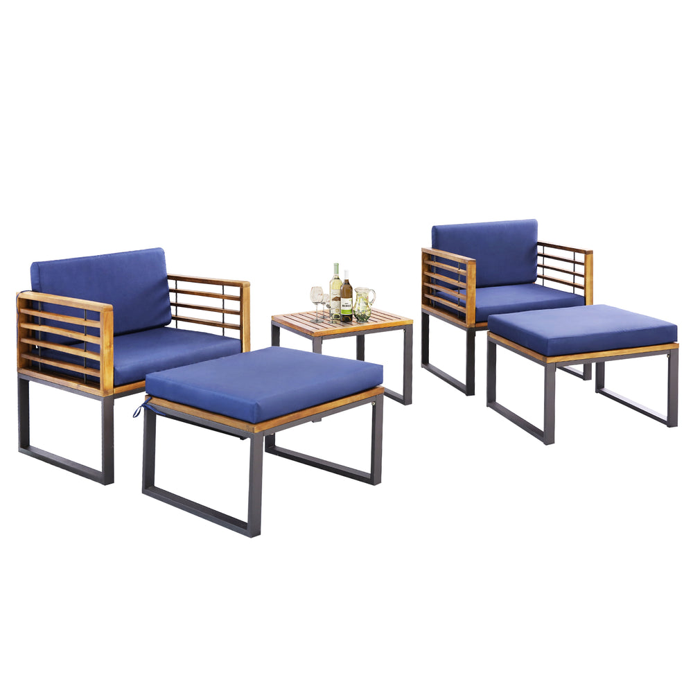5-piece patio acacia wood chair set with navy cushions, including ottomans and coffee table, perfect for outdoor.