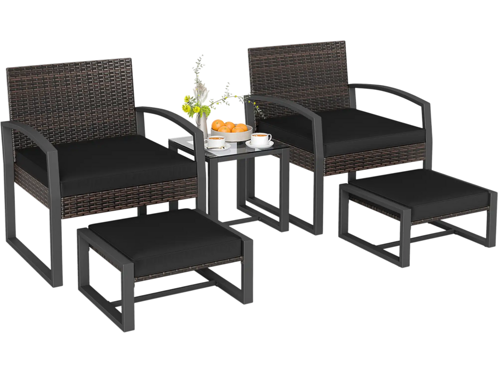 5-piece patio conversation set featuring 2 ottomans, tempered glass table, and soft black cushions for outdoor.