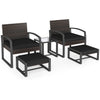 5-piece patio conversation set featuring 2 black cushioned chairs, 2 ottomans, and a tempered glass side table.