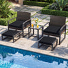Black cushioned ottoman from a 5-piece patio conversation set, ideal for extra seating or as a side table outdoors.