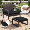 Black cushioned patio chair and ottoman set with PE rattan, offering comfort and elegance for outdoor relaxation.