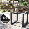 Tempered glass side table with 4 suction cups, part of a 5-piece patio conversation set for outdoor relaxation.