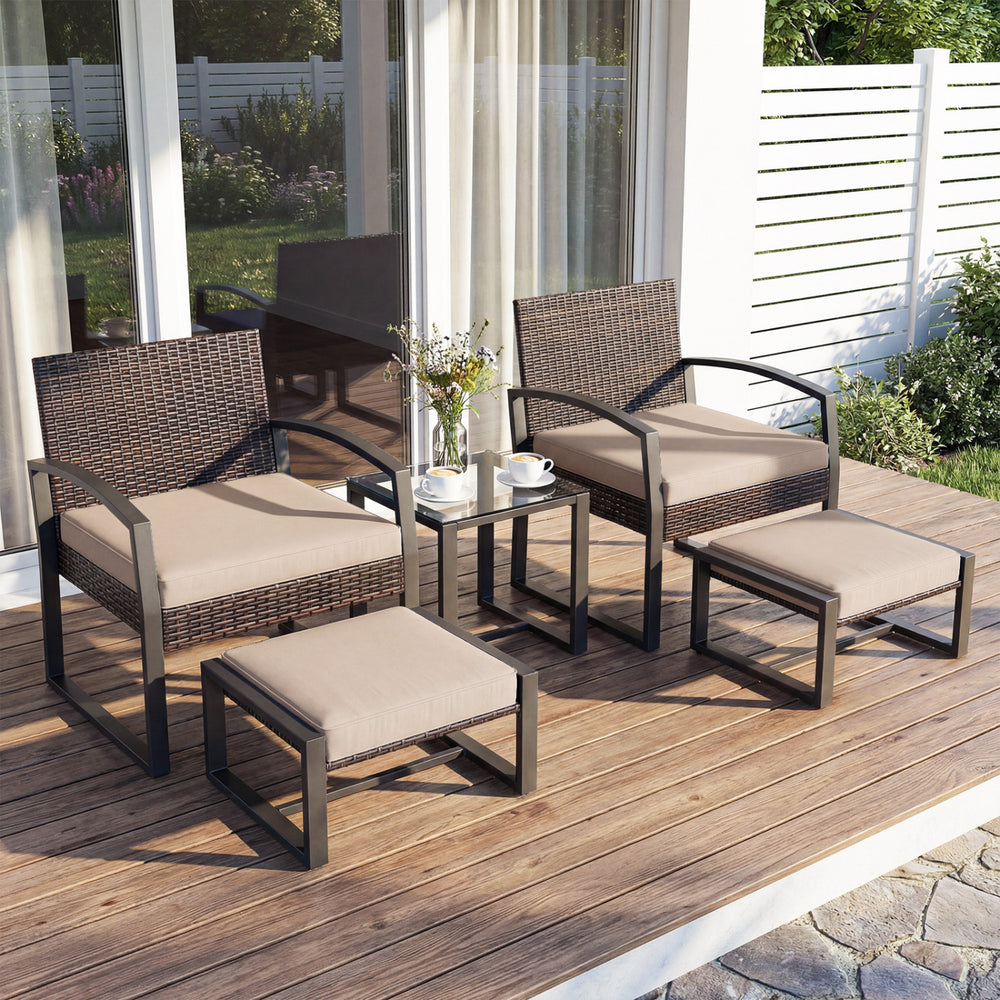 5-Piece Patio Conversation Set with 2 Ottomans and Tempered Glass Side Table-Beige - Gallery View 1 of 11