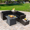 5-piece patio furniture set featuring a black sofa, fire pit table, and cushions, perfect for outdoor gatherings.