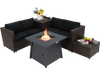 5-piece patio furniture set featuring a propane fire pit table, black cushions, and durable PE wicker for outdoor.