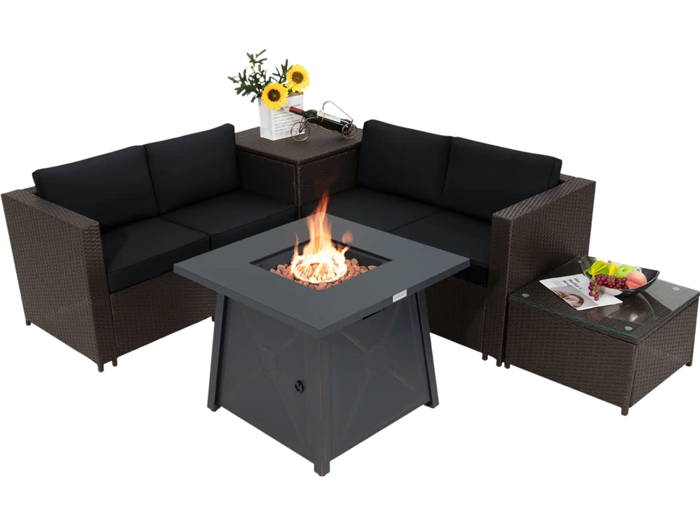5-piece patio furniture set featuring a propane fire pit table, black cushions, and durable PE wicker for outdoor.
