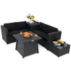 5-piece patio furniture set featuring a black PE wicker design, soft cushions, and a propane fire pit table for outdoor.