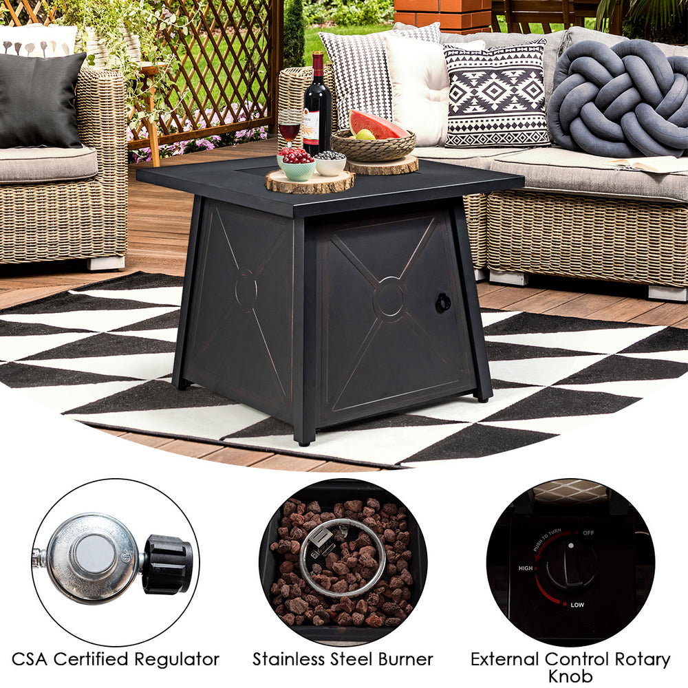 Black propane fire pit table with 50,000 BTU burner, removable lid, and ceramic tabletop for outdoor gatherings.
