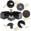 5-piece patio furniture set featuring black cushions, PE wicker, and a propane fire pit table for outdoor gatherings.