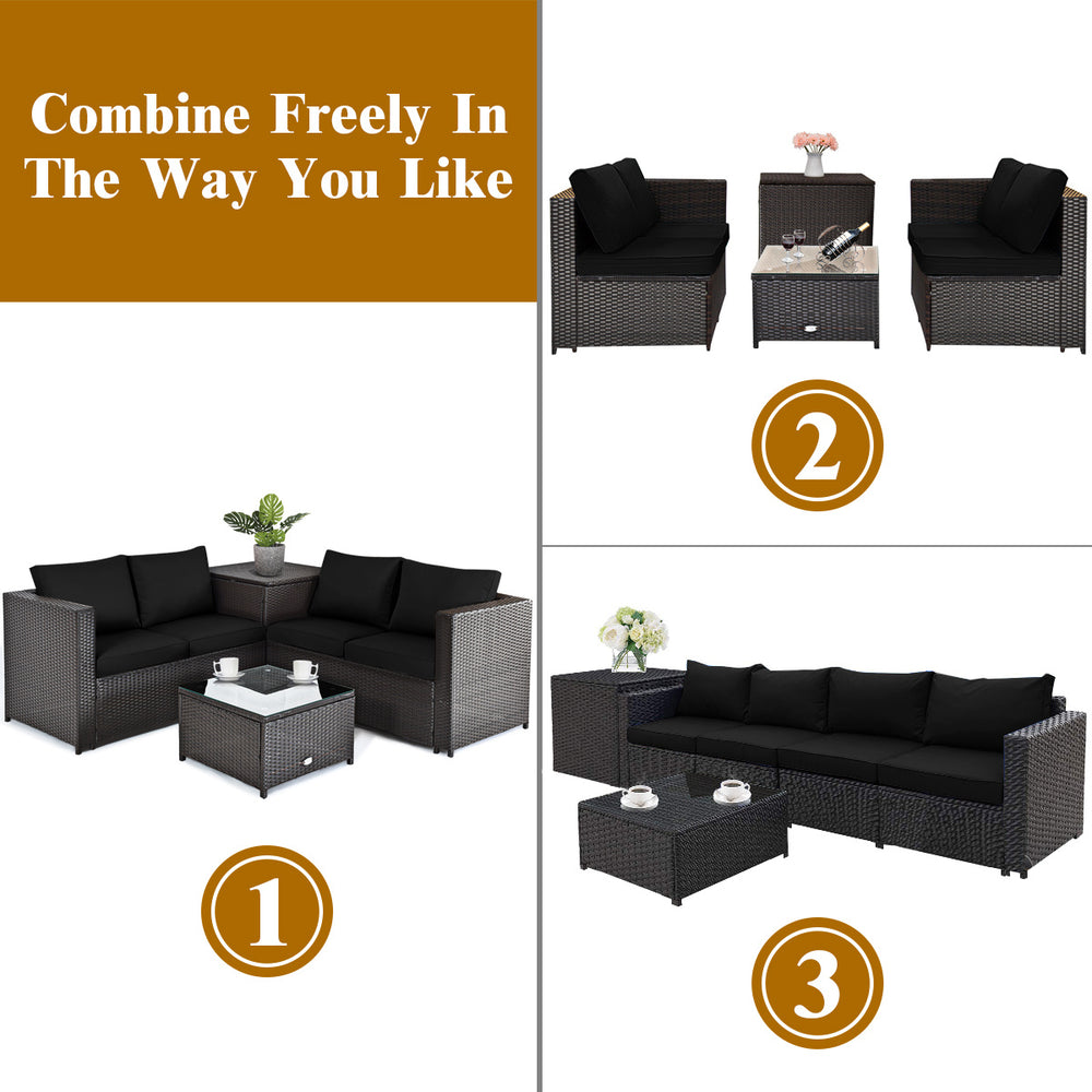 5-piece patio furniture set featuring a black fire pit table, soft cushions, and durable PE wicker for outdoor.