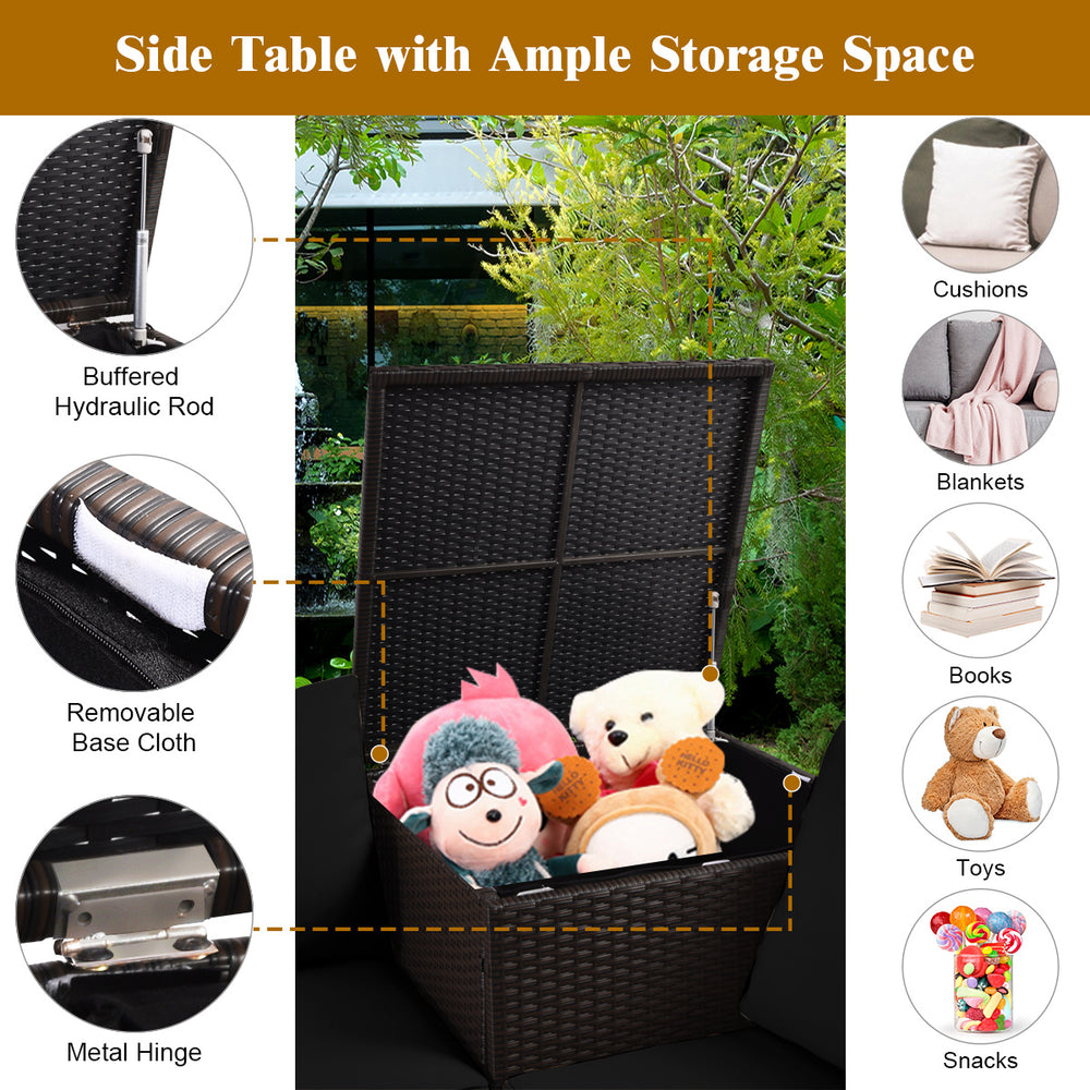 Storage side table with removable base cloth, featuring a hydraulic rod, ideal for cushions and snacks in a patio.