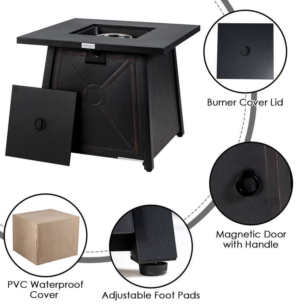 Close-up of the propane fire pit table with burner cover lid, featuring a waterproof cover and adjustable foot pads.