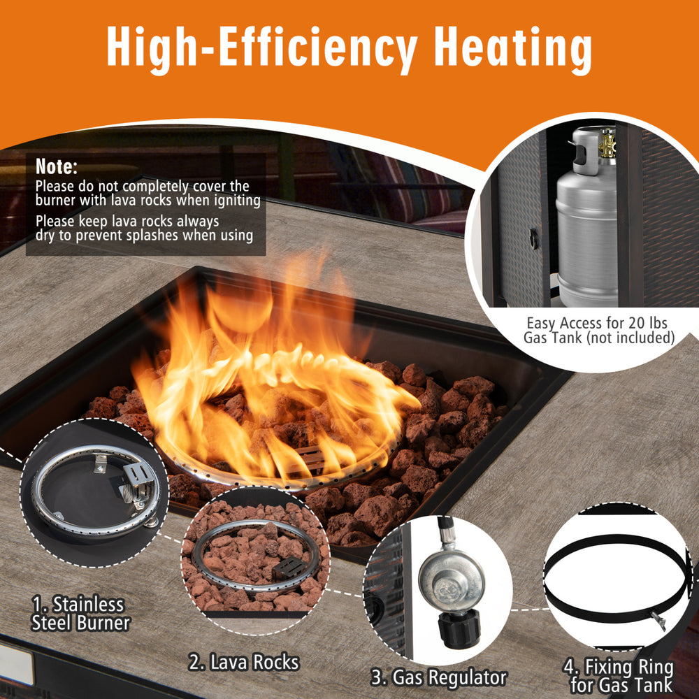 High-efficiency gas burner with lava rocks for the 5-piece patio furniture set, providing warmth and ambiance outdoors.