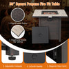 30-inch square propane fire pit table with ceramic top and elegant rattan pattern, perfect for outdoor gatherings.