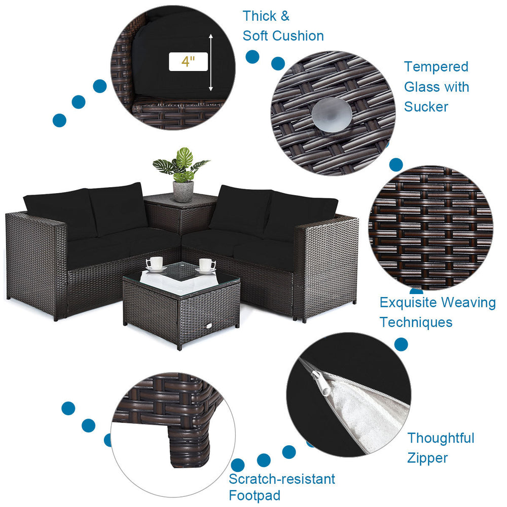 5-piece patio furniture set featuring black PE wicker loveseats, soft cushions, and a gas fire pit table for outdoor.