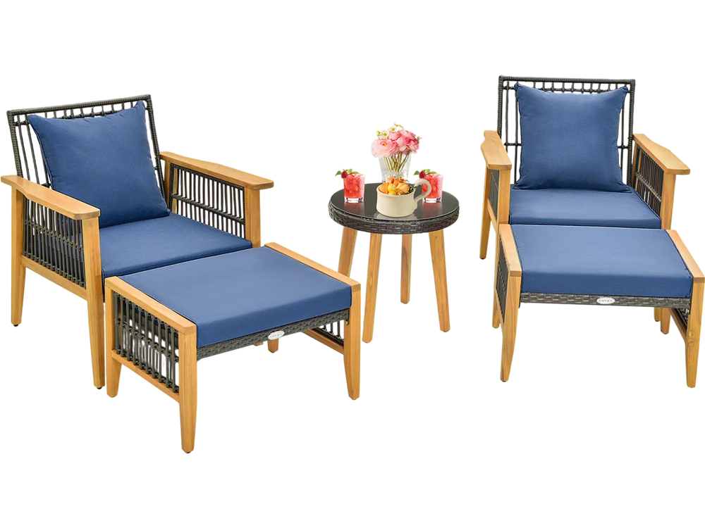 Two navy blue cushioned chairs and a coffee table in a patio setting, ideal for poolside relaxation.