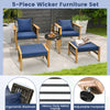5-piece patio furniture set featuring navy cushions, acacia wood frame, and adjustable footpads for outdoor relaxation.