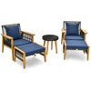 Two navy lounge chairs with ottomans and a coffee table, featuring acacia wood and PE rattan for outdoor relaxation.