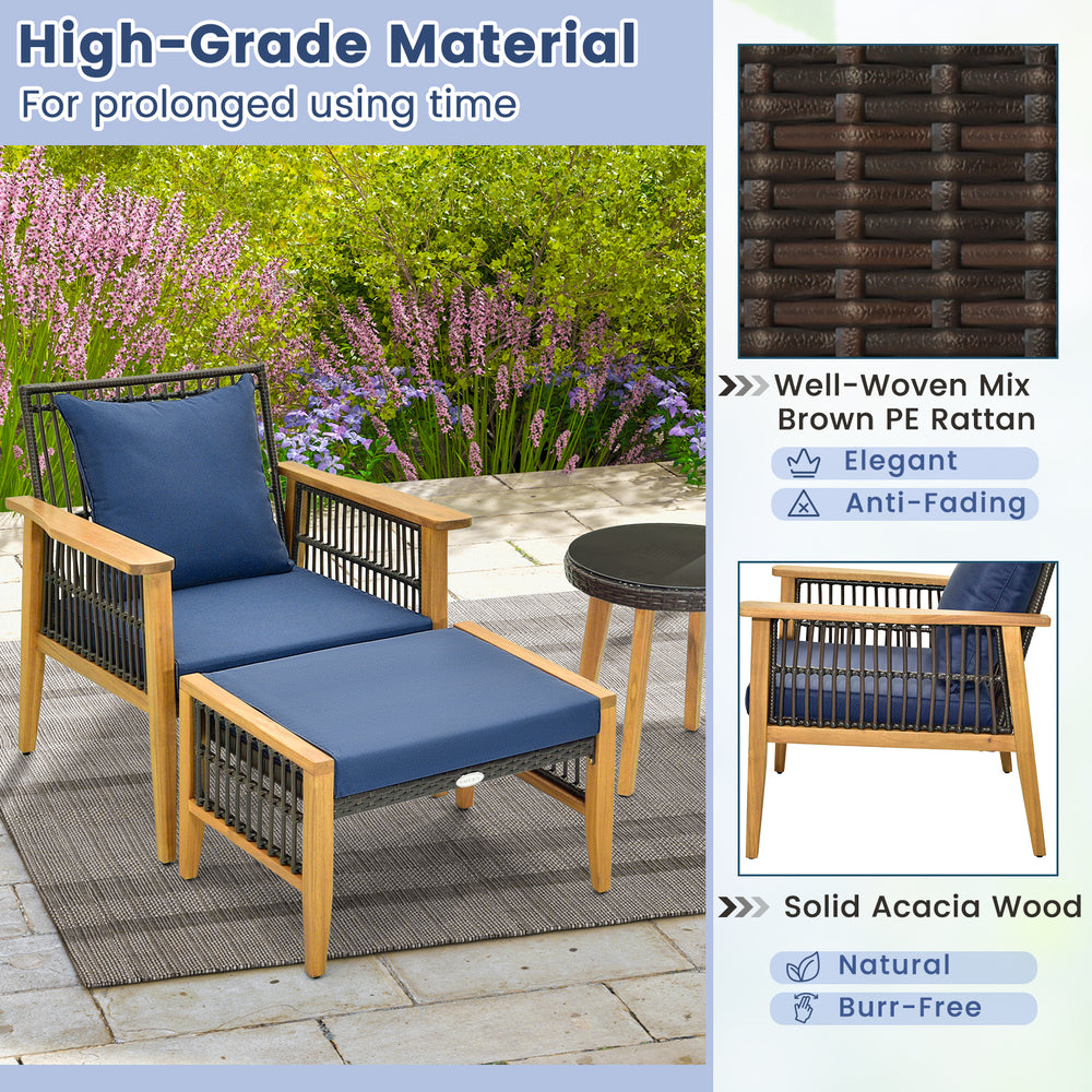 Patio lounge chair with navy cushion, made of solid acacia wood and elegant brown PE rattan, perfect for outdoor.