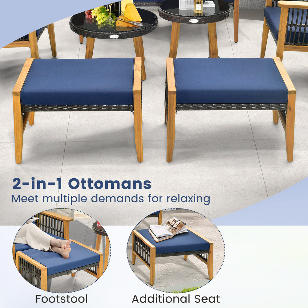 Two navy ottomans from a 5-piece patio furniture set, serving as footstools or additional seating for outdoor.