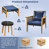 Dimensions of the 5 Piece Patio Furniture Set with acacia wood, navy cushions, and coffee table for outdoor use.