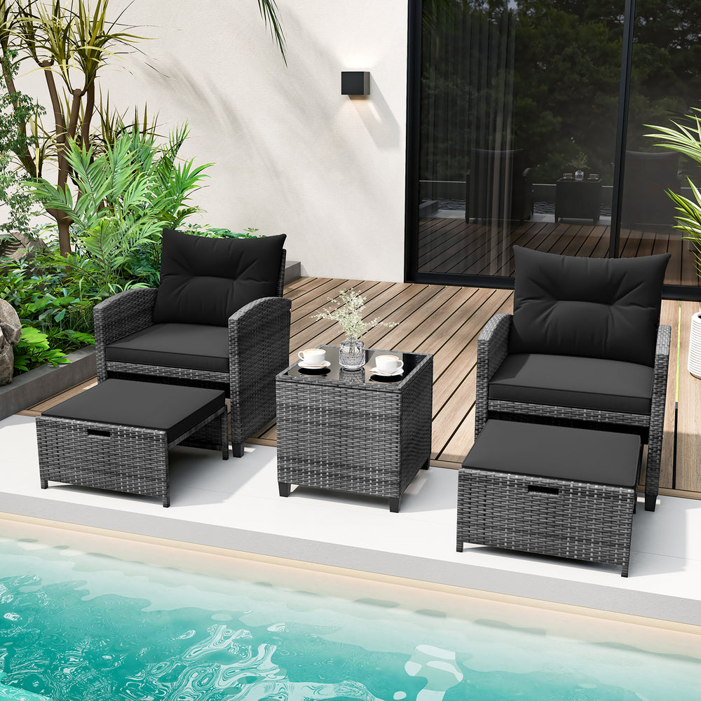 5 Piece Patio Rattan Furniture with 2 Ottomans and Tempered Glass Coffee Table-Black - Gallery View 1 of 10