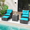 5 Piece Patio Rattan Furniture with 2 Ottomans and Tempered Glass Coffee Table-Turquoise - Gallery View 1 of 10