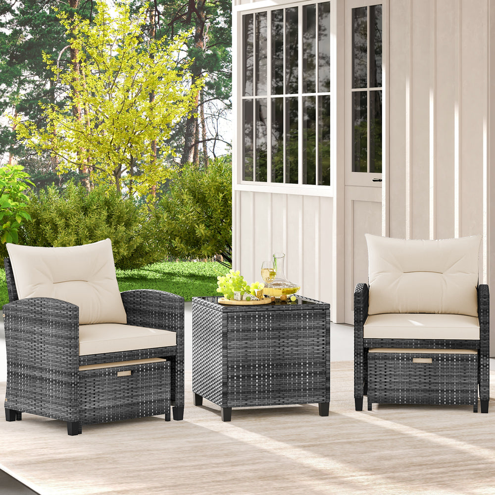 5 Piece Patio Rattan Furniture with 2 Ottomans and Tempered Glass Coffee Table-White - Gallery View 1 of 10