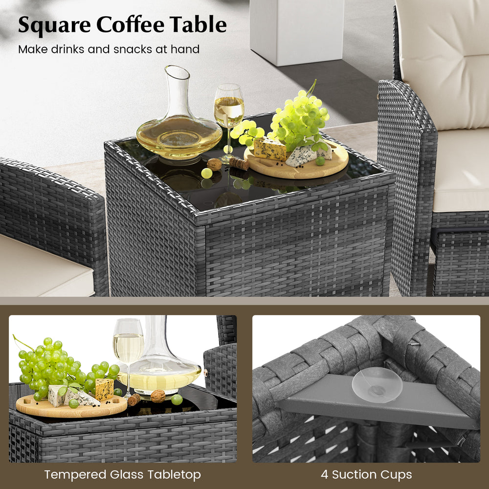 Square coffee table with tempered glass top and rattan design, perfect for drinks and snacks in outdoor settings.