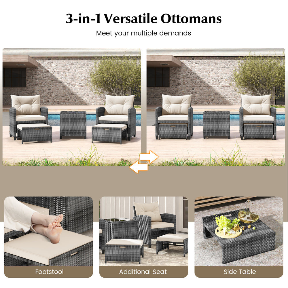 Versatile 3-in-1 ottomans in gray rattan serve as footstools, additional seats, or side tables for outdoor relaxation.