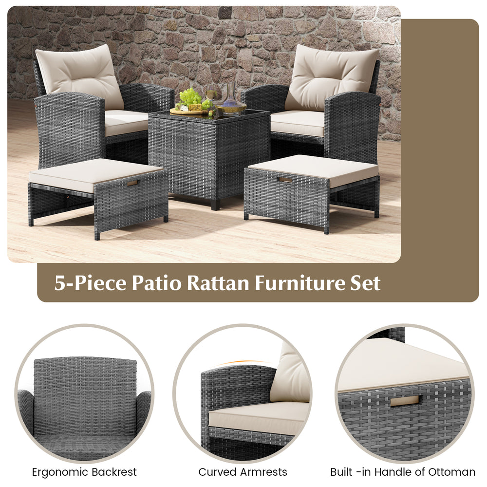 5-piece patio rattan furniture set with gray rattan, soft cushions, and tempered glass coffee table for outdoor.