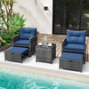 5 Piece Patio Rattan Furniture with 2 Ottomans and Tempered Glass Coffee Table-Navy - Gallery View 1 of 11