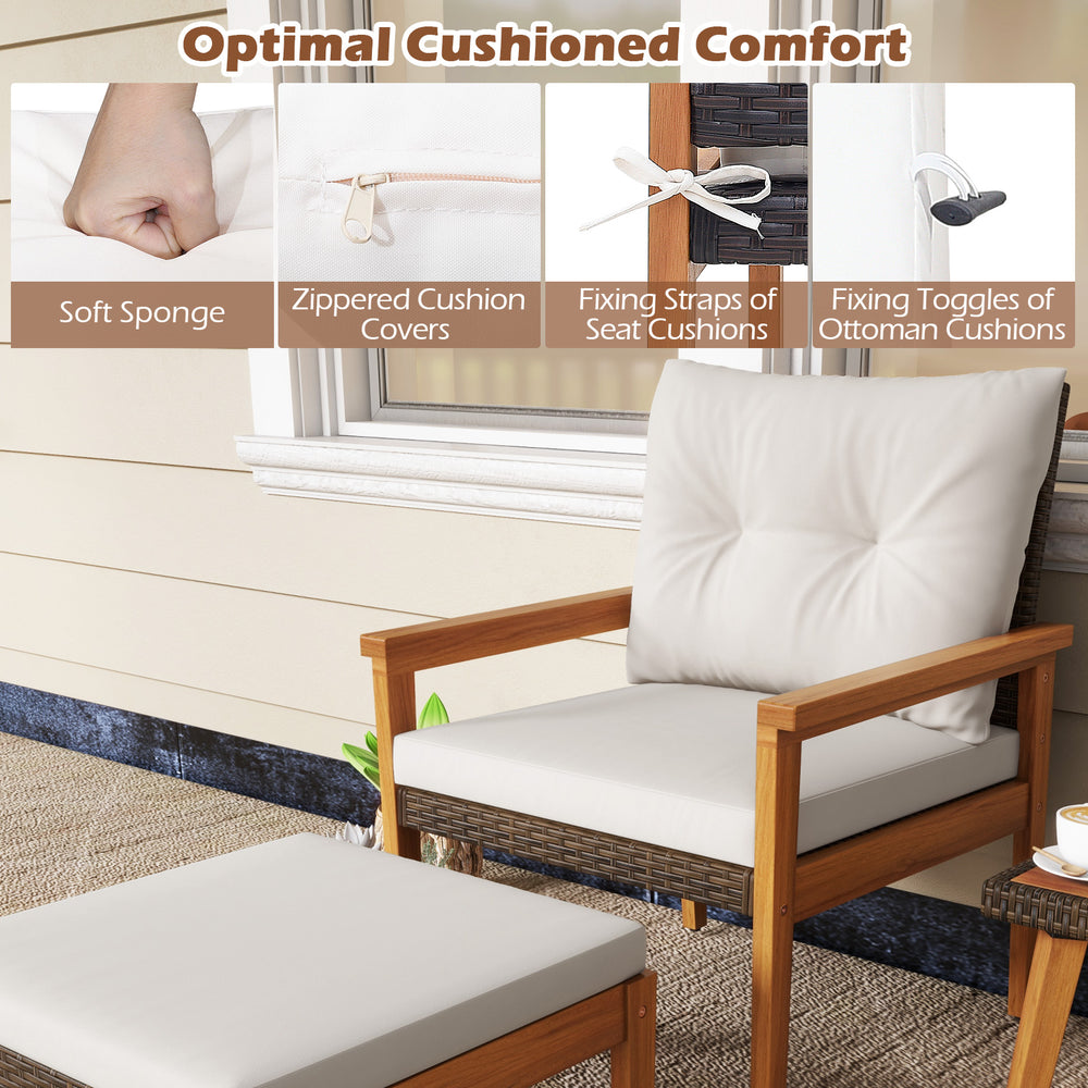Close-up of soft cushions with zippered covers and fixing straps on a rattan chair from the 5 Piece Rattan Furniture.